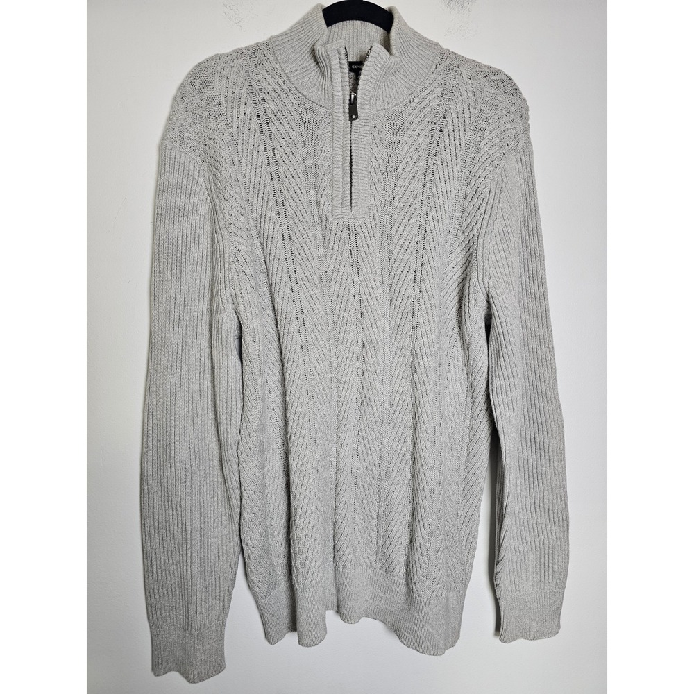 [Preppy] Express Quarter Zip Sweater Mens Large Grey Chevron Cable Knit Cotton